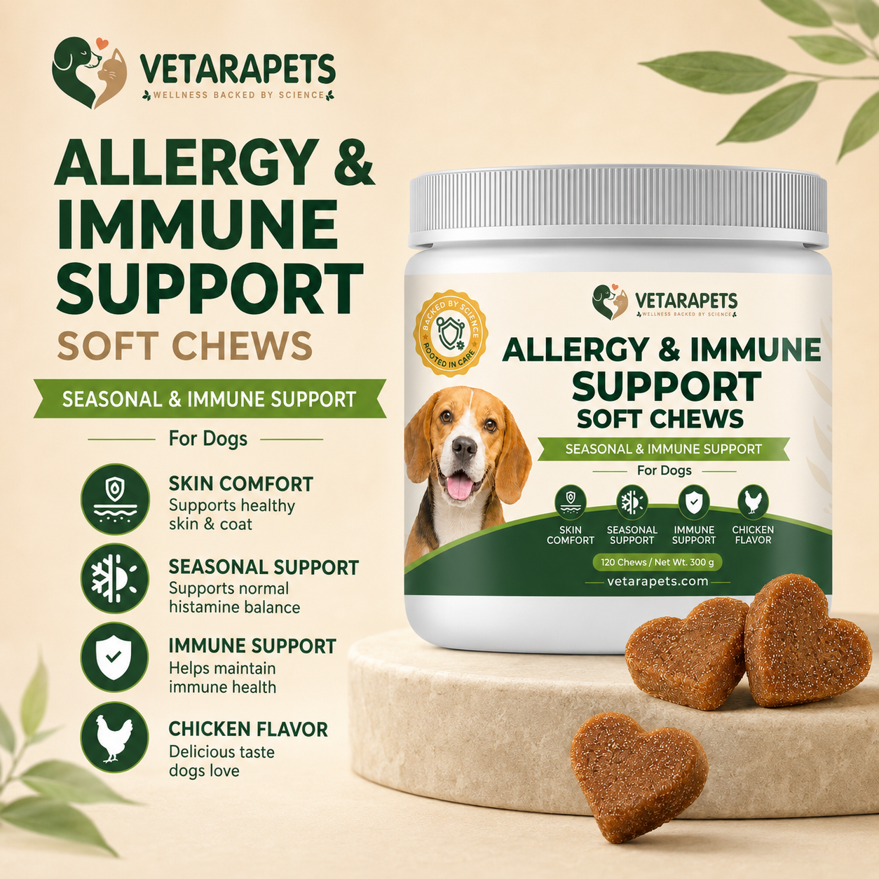 Allergy and Immune Support Soft Chews for skin comfort seasonal support immune support and chicken flavor
