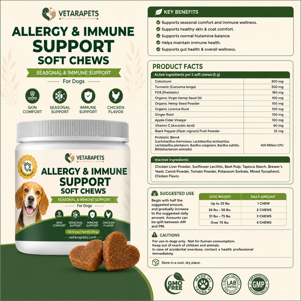 VetaraPets Allergy and Immune Support Soft Chews product facts suggested use cautions and ingredients