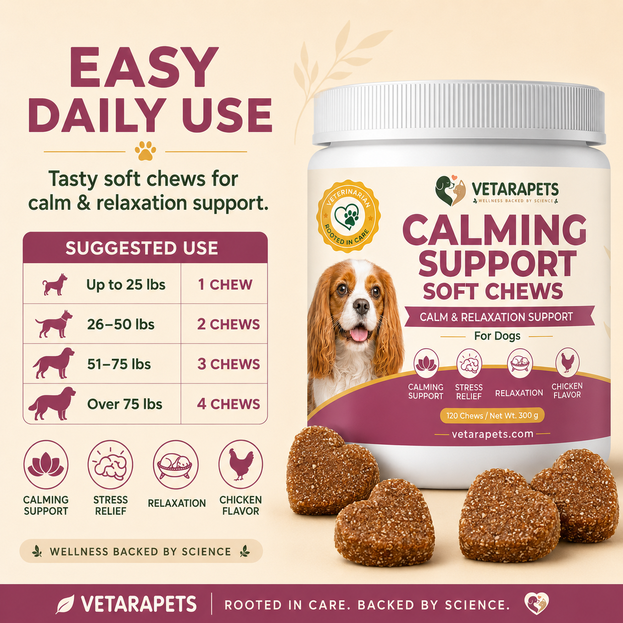 Calming Support Soft Chews for relaxation stress response emotional balance and chicken flavor