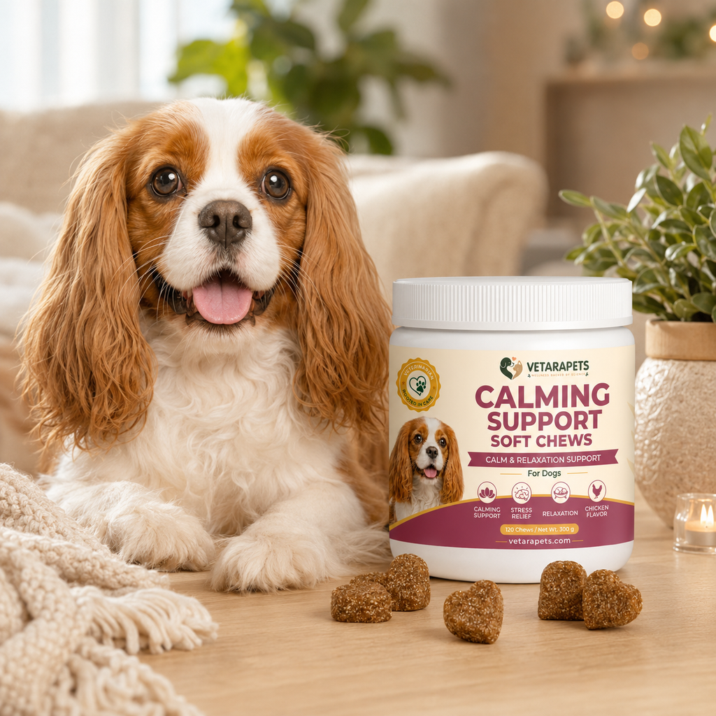 Calming Support Soft Chews for dogs in a calm home setting