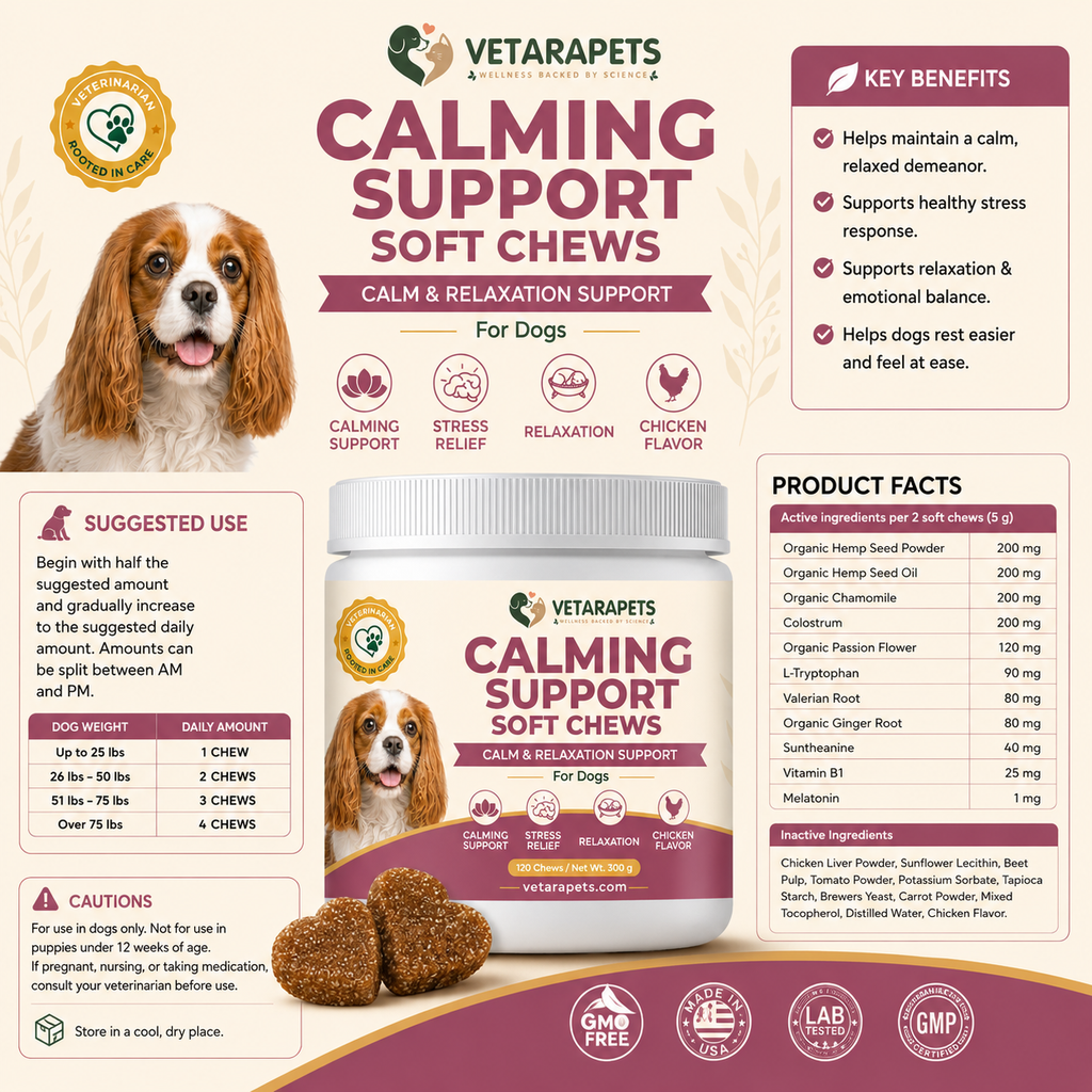 VetaraPets Calming Support Soft Chews product facts suggested use cautions and ingredients