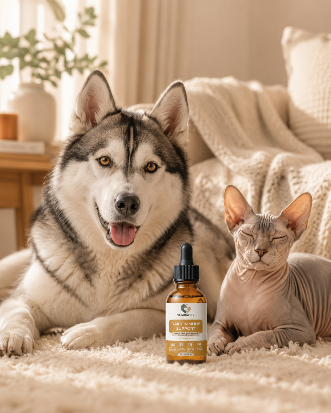 Daily Immune Support Drops for dogs and cats with husky and sphynx cat