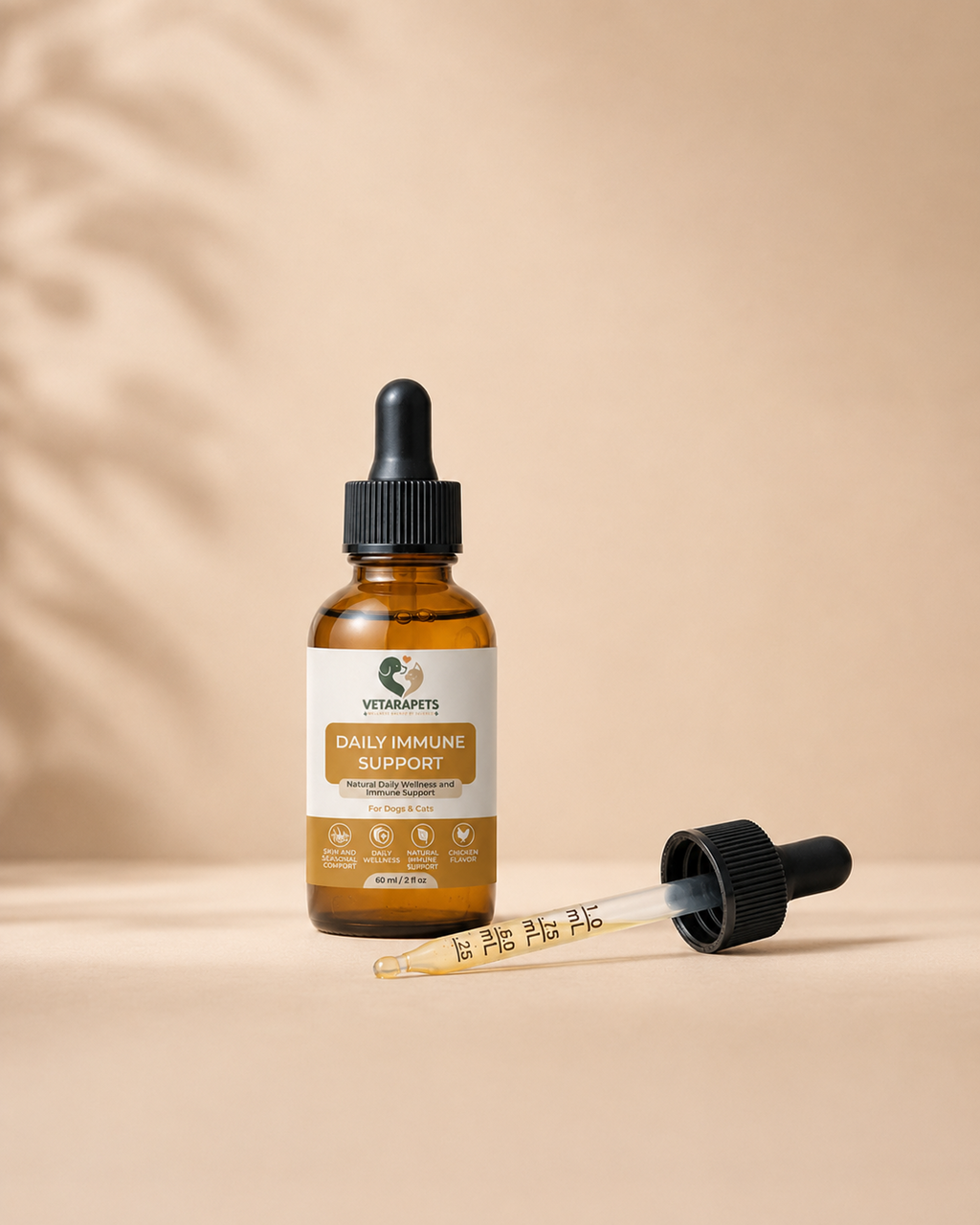 Measured dropper beside VetaraPets Daily Immune Support Drops bottle