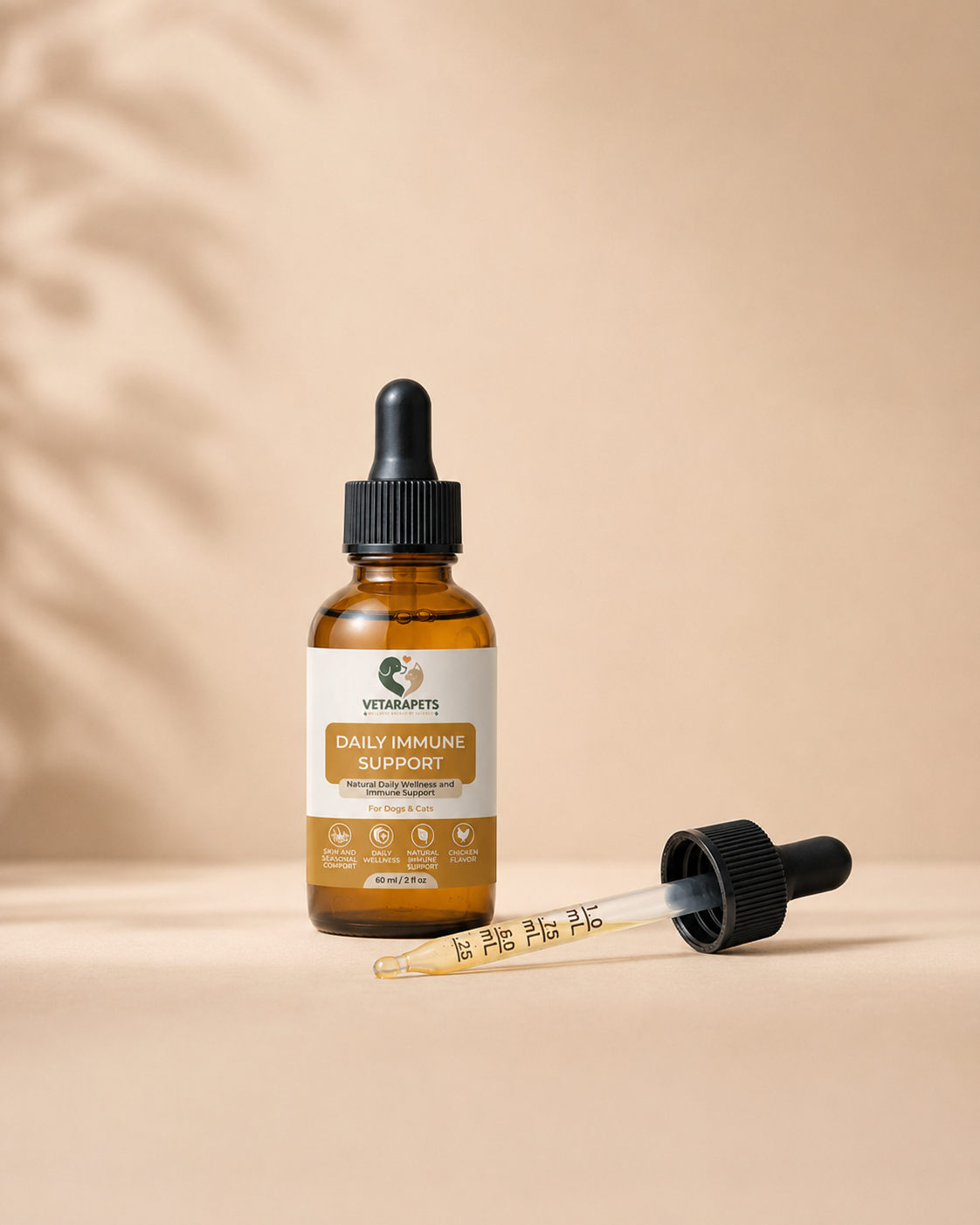 Measured dropper beside VetaraPets Daily Immune Support Drops bottle