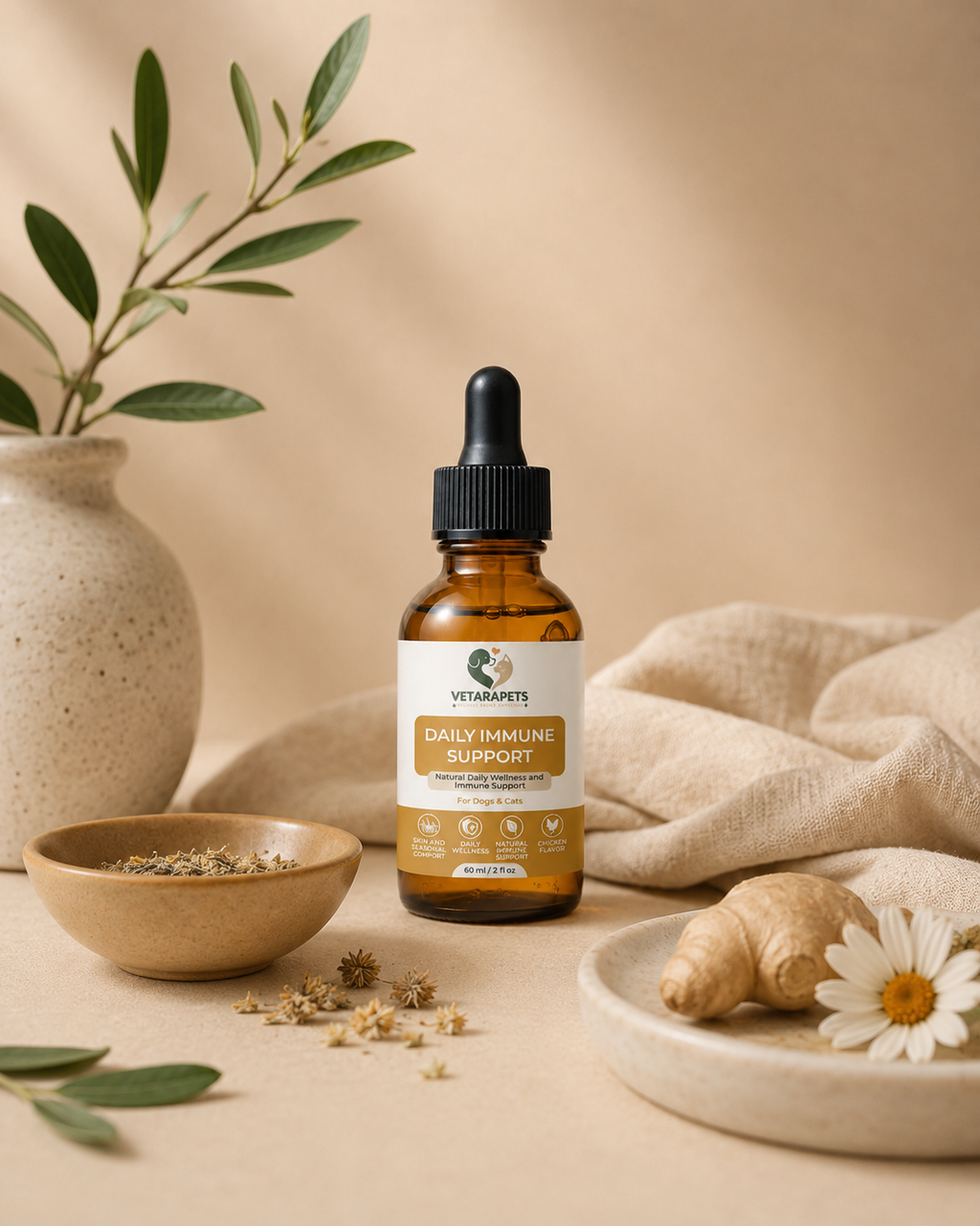 VetaraPets Daily Immune Support Drops in a natural wellness setting