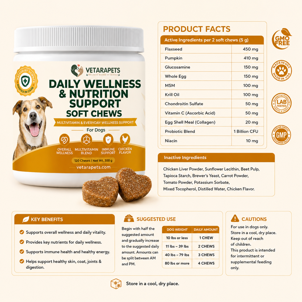 Dog multivitamin soft chews easy daily use with feeding guide