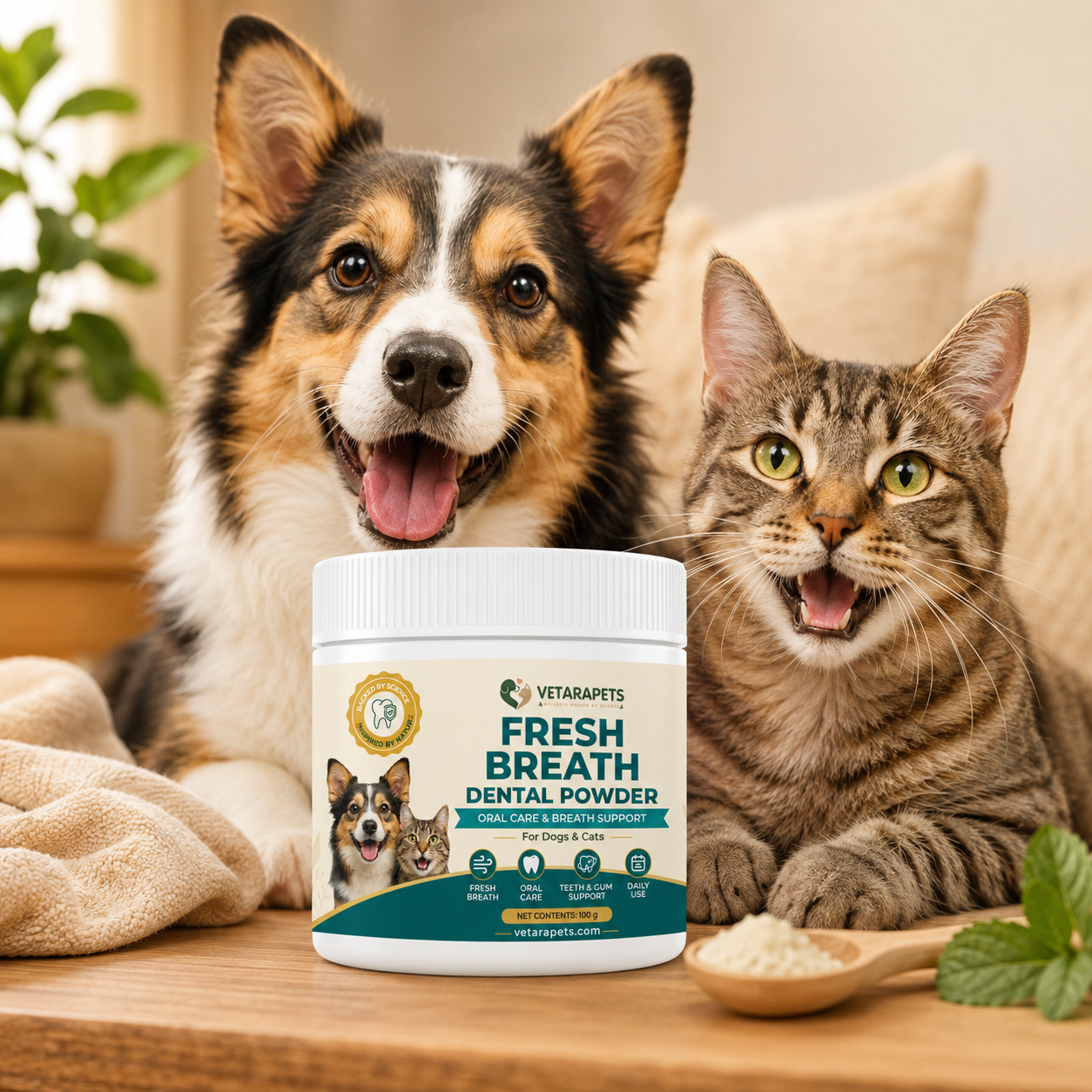 Fresh Breath Dental Powder for dogs and cats in a home pet care setting