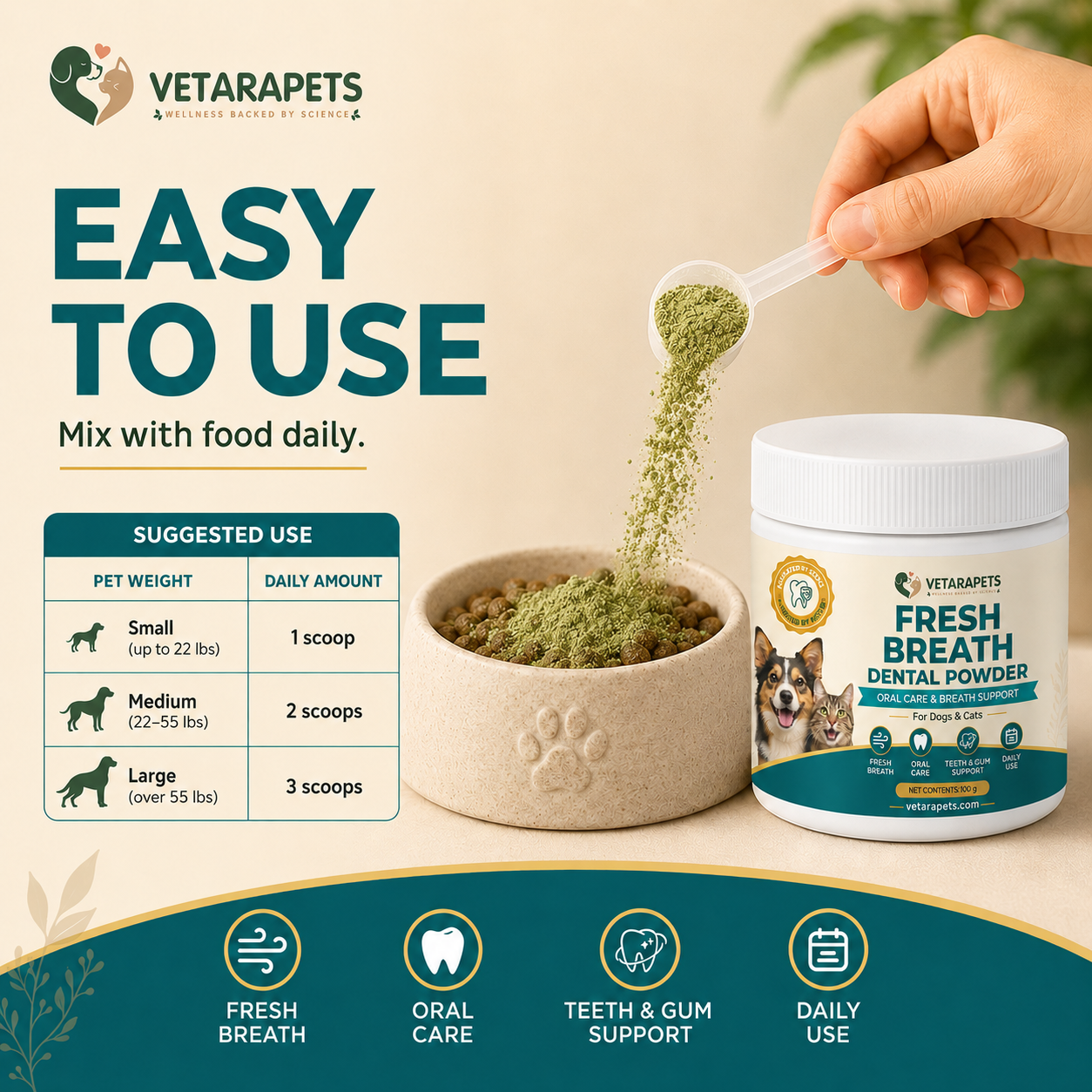 Fresh Breath Dental Powder easy to use with pet weight daily scoop guide