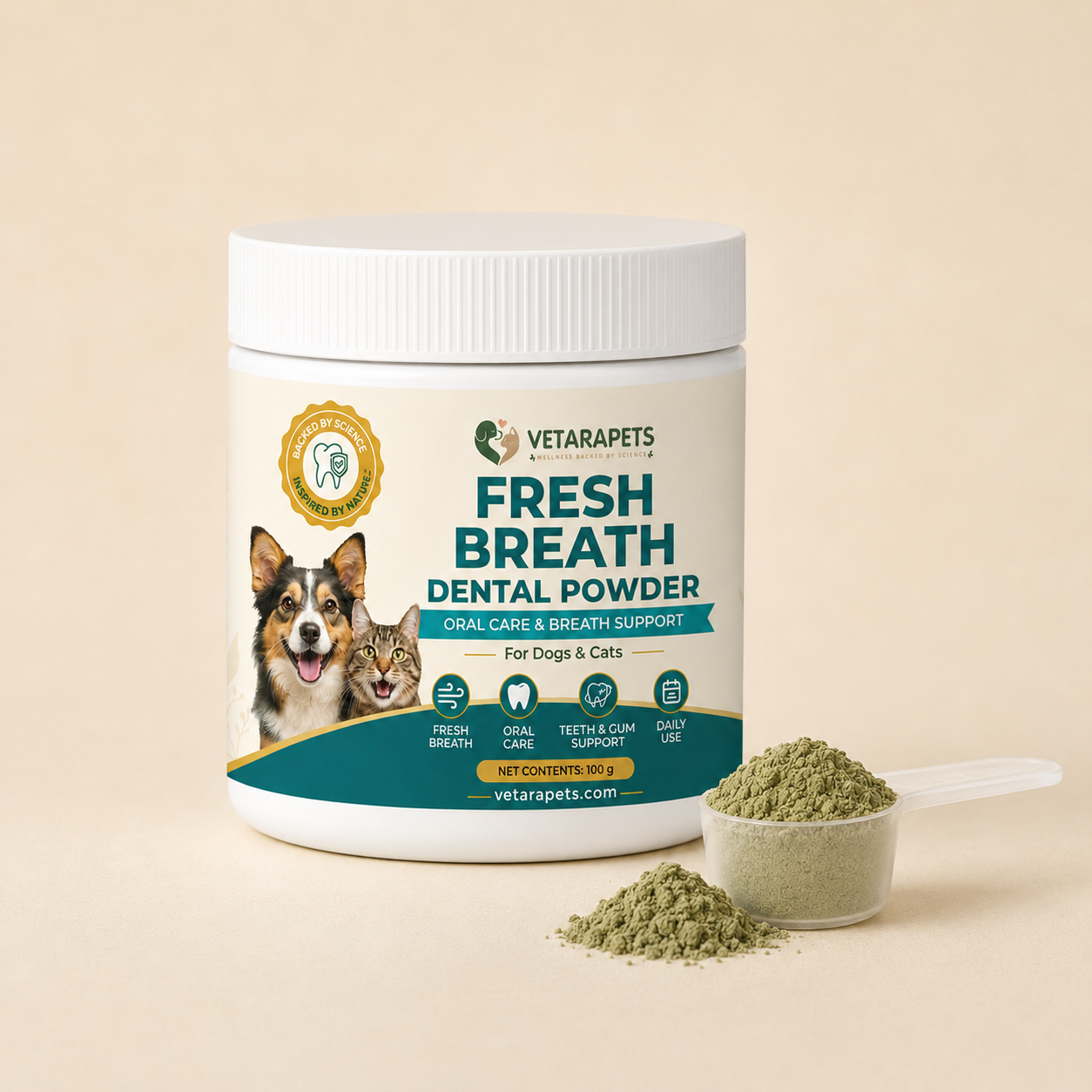 Fresh Breath Dental Powder jar with green powder scoop for pets