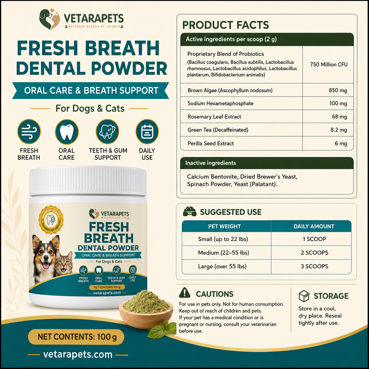 VetaraPets Fresh Breath Dental Powder product facts suggested use cautions and ingredients