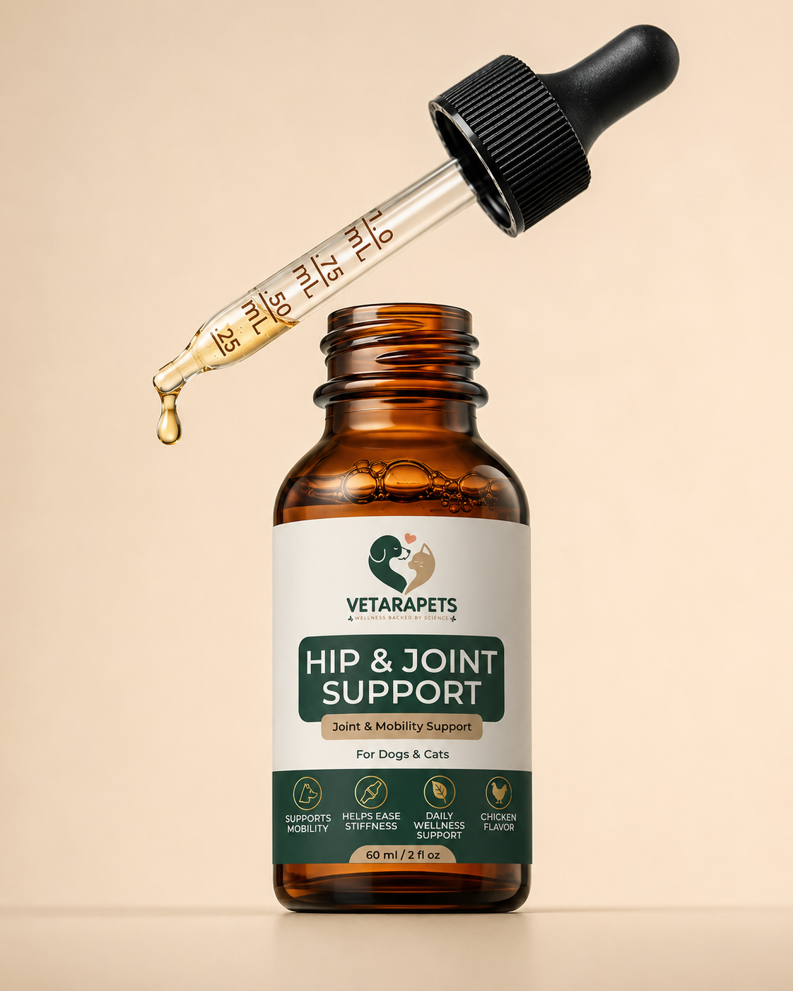 Close-up of Hip & Joint Support Drops with measured dropper for pets