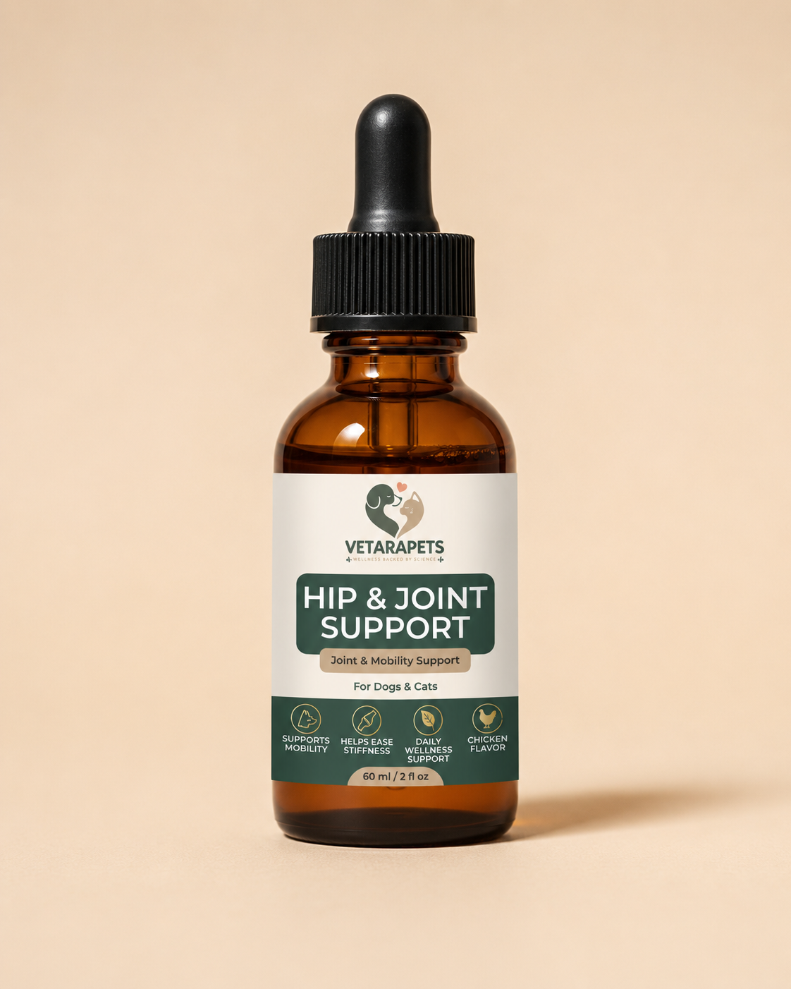 Hip & Joint Support Drops for Dogs & Cats, front view of bottle with label
