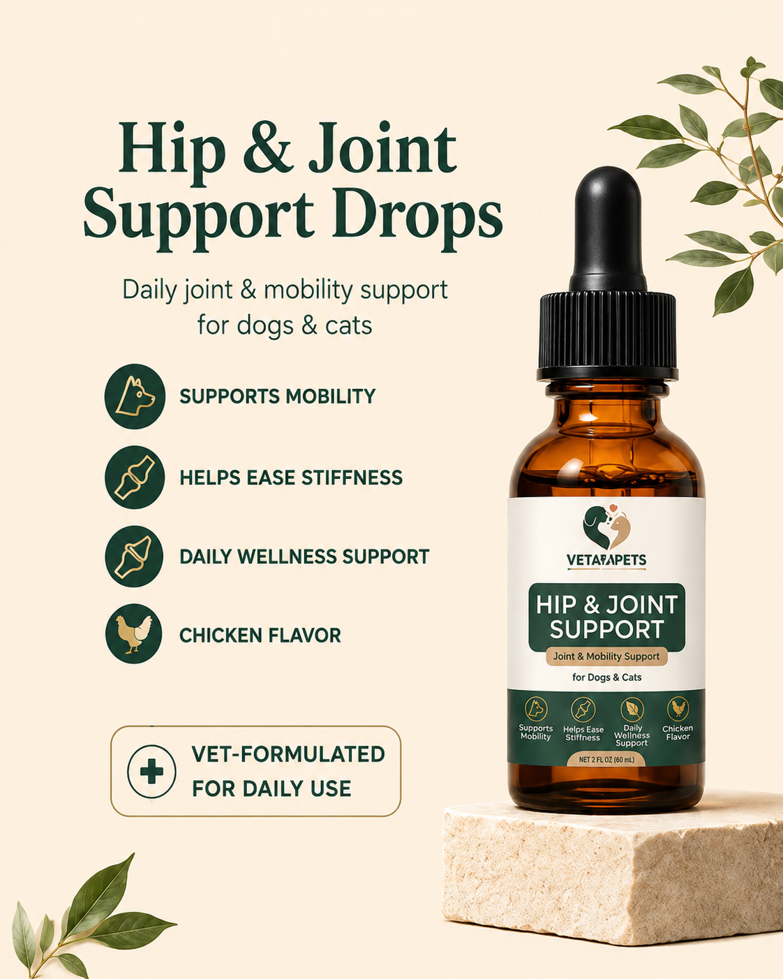 Hip & Joint Support Drops bottle with dog and cat in cozy home setting