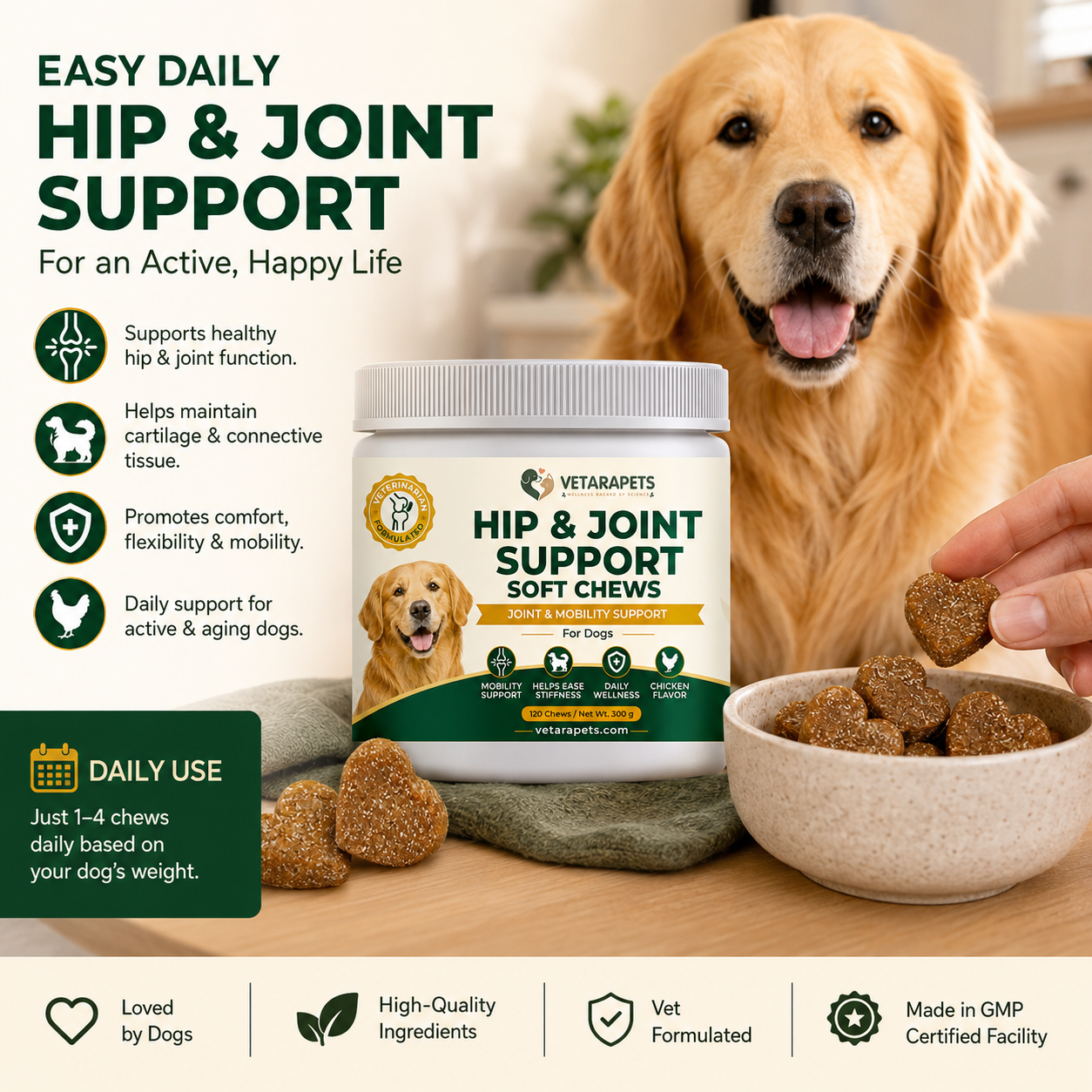 Hip and Joint Support Soft Chews easy daily use for active and aging dogs