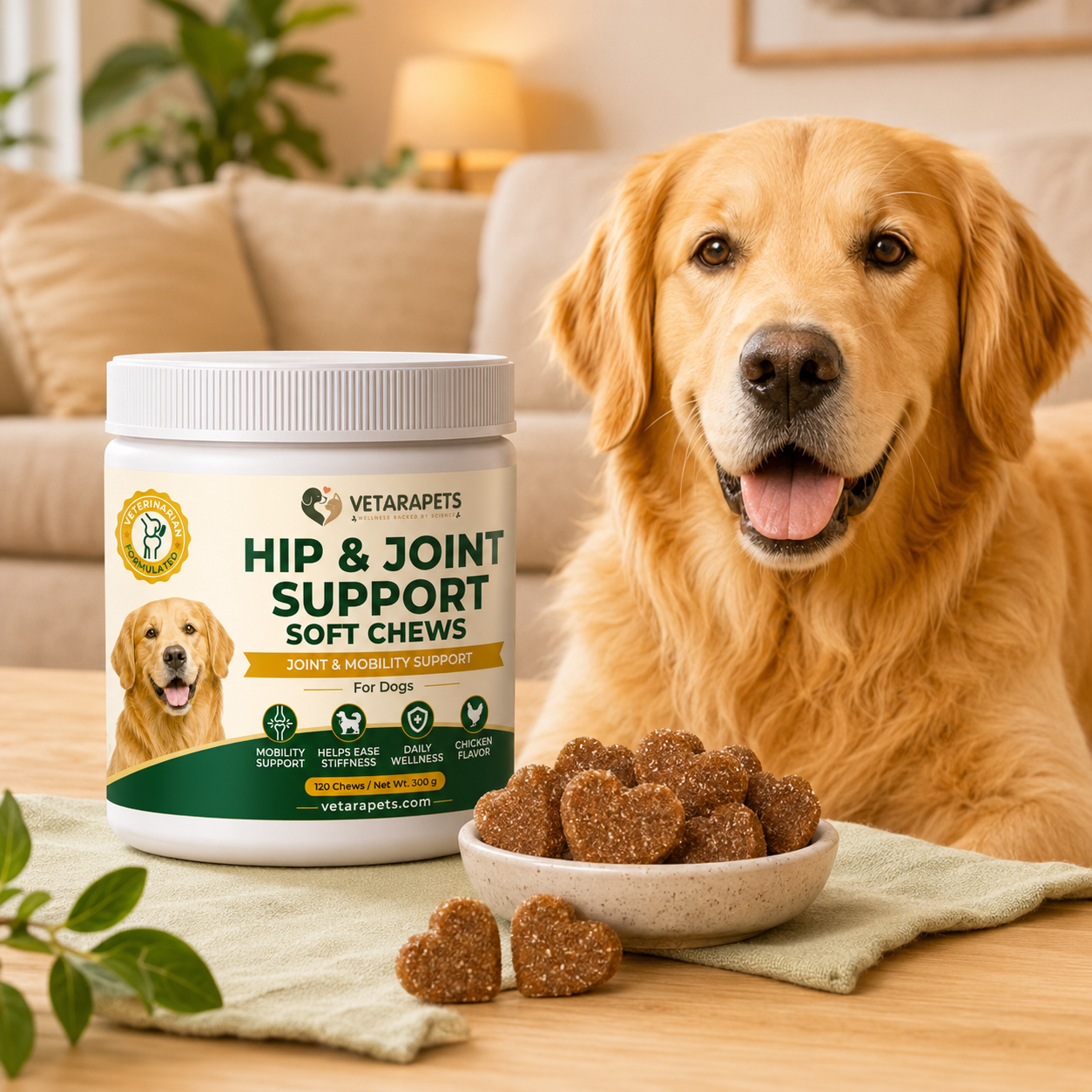 Hip and Joint Support Soft Chews for dogs with golden retriever in home setting