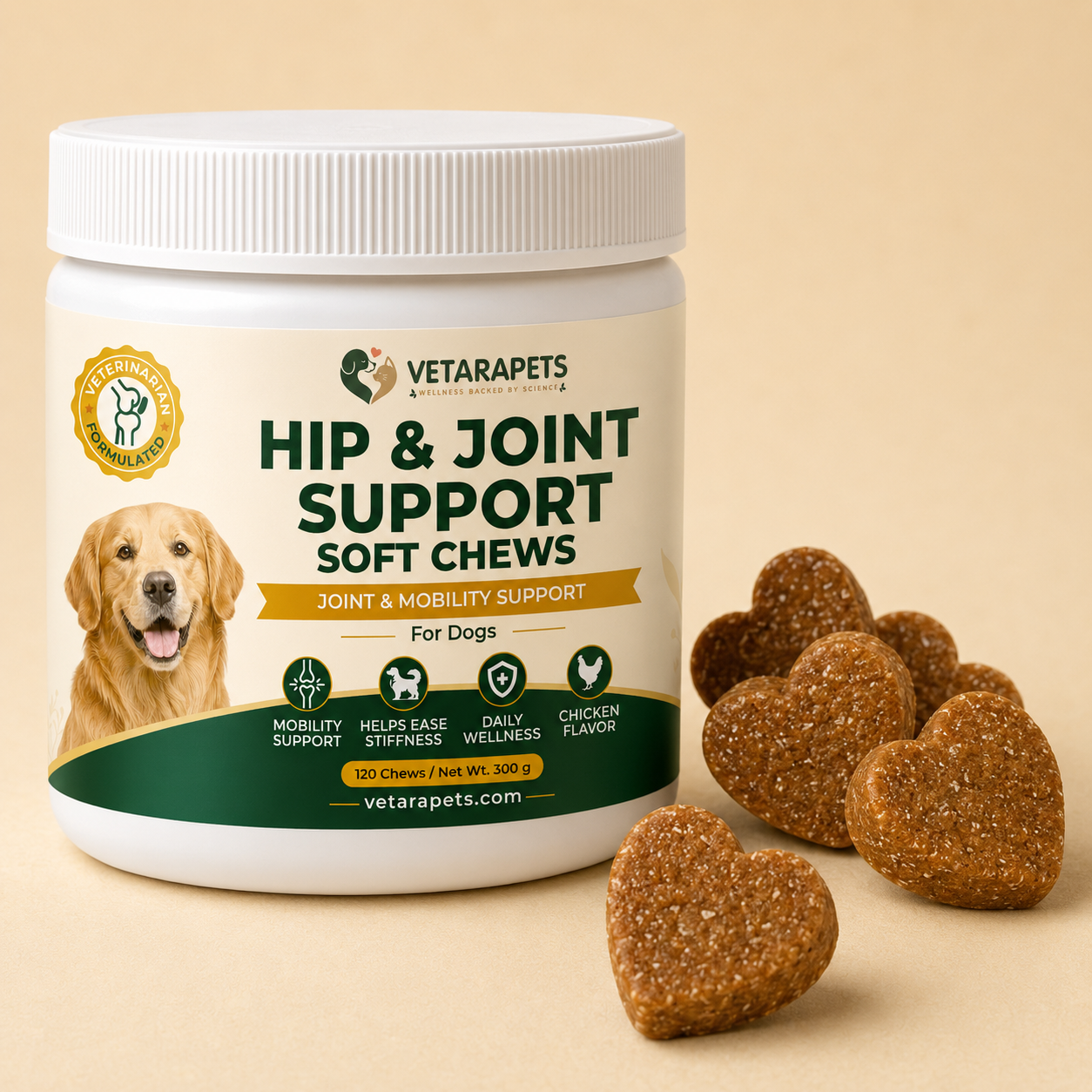 Hip and Joint Support heart-shaped soft chews for dogs with product jar