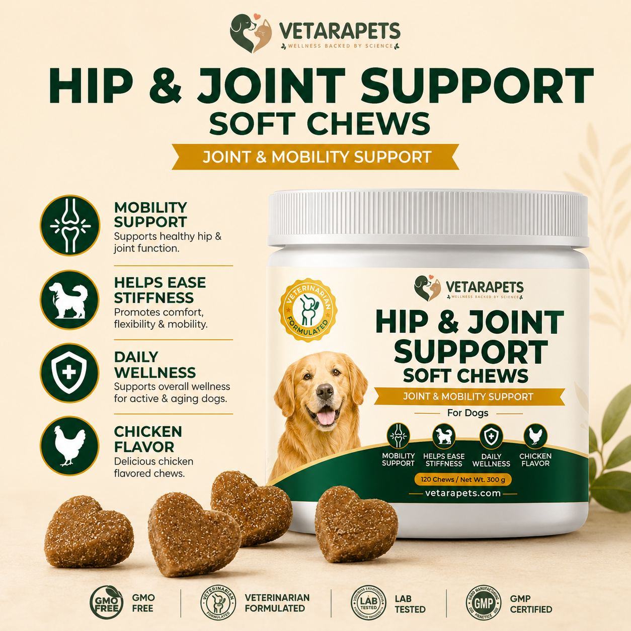 Hip and Joint Support Soft Chews mobility support stiffness support daily wellness and chicken flavor benefits