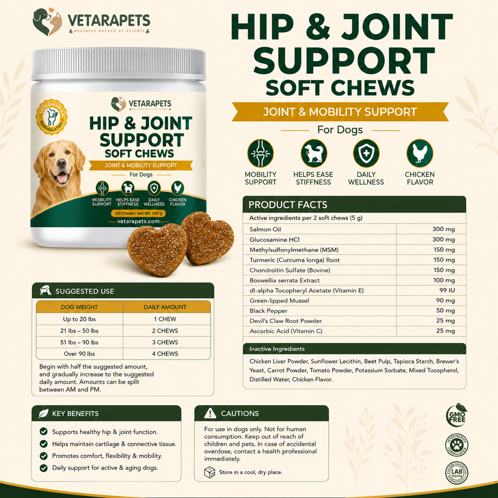 VetaraPets Hip and Joint Support Soft Chews product facts suggested use cautions and ingredients