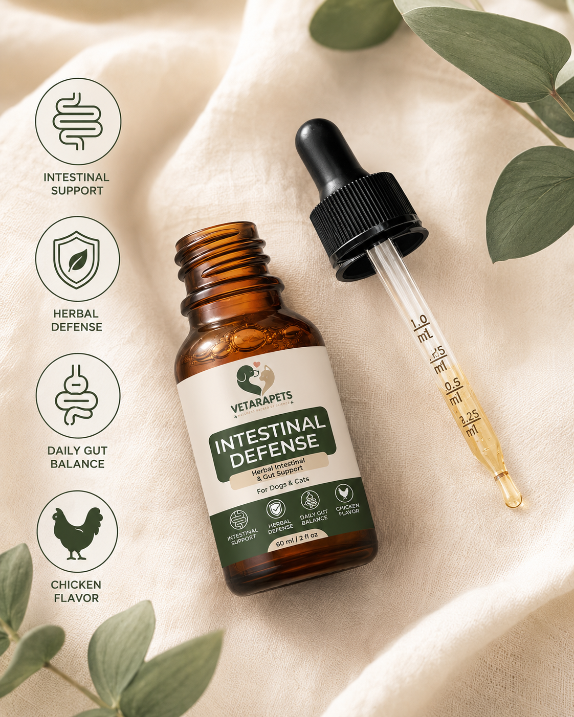 VetaraPets Intestinal Defense Drops flat lay with natural wellness elements