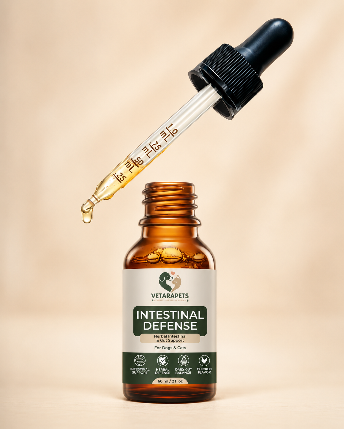 VetaraPets Intestinal Defense product label with key benefits, directions, and ingredients