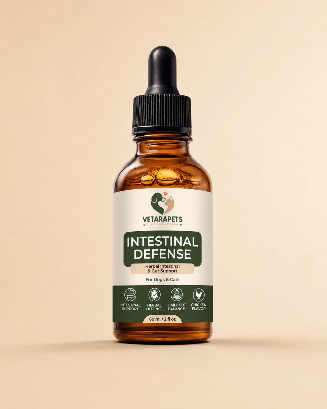 VetaraPets Intestinal Defense Drops – front view of herbal gut support for dogs and cats