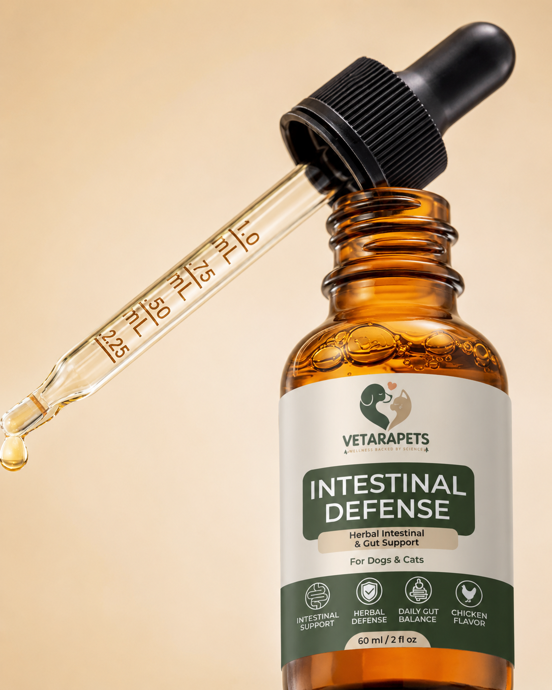 VetaraPets Intestinal Defense Drops with natural herbs in cozy lifestyle setting for pets