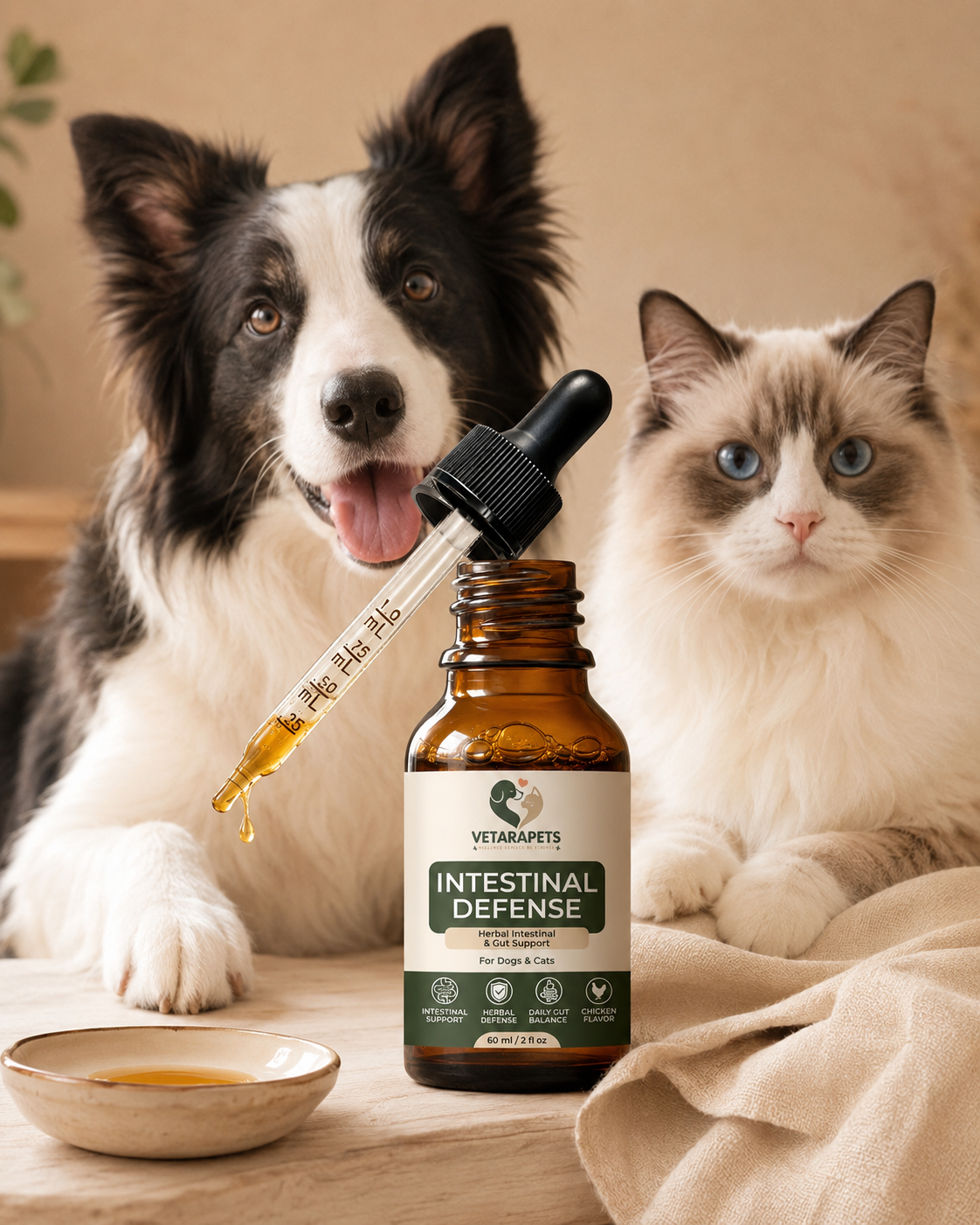 Dog and cat next to VetaraPets Intestinal Defense Drops in a comfortable home setting