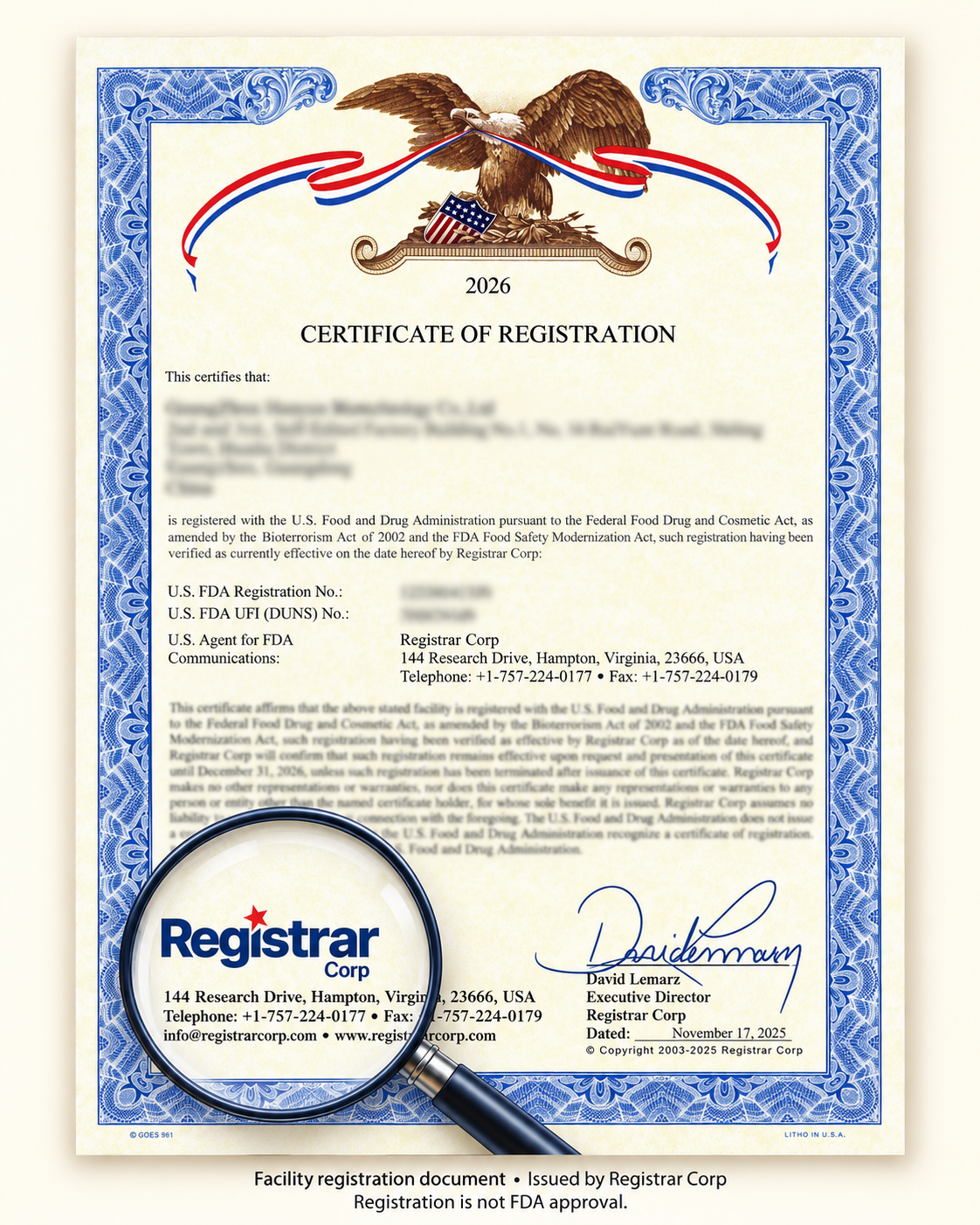 2026 facility registration document issued by Registrar Corp, supplier details blurred. Registration is not FDA product approval.