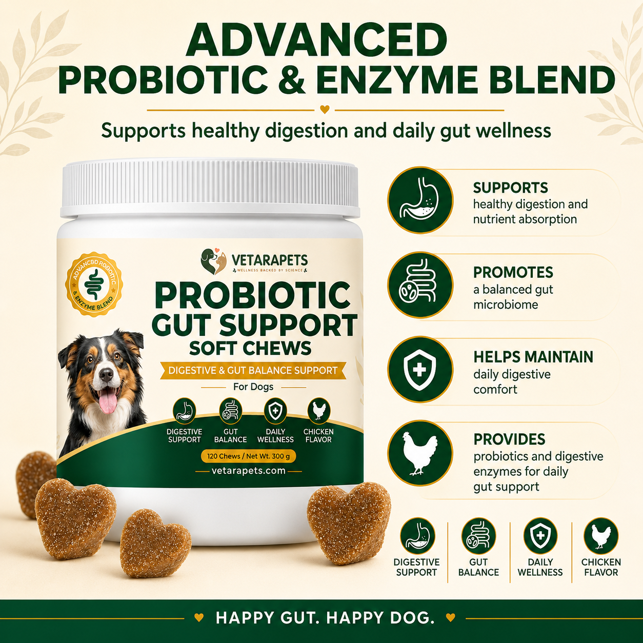 Probiotic Gut Support Soft Chews for digestive support gut balance daily wellness and chicken flavor