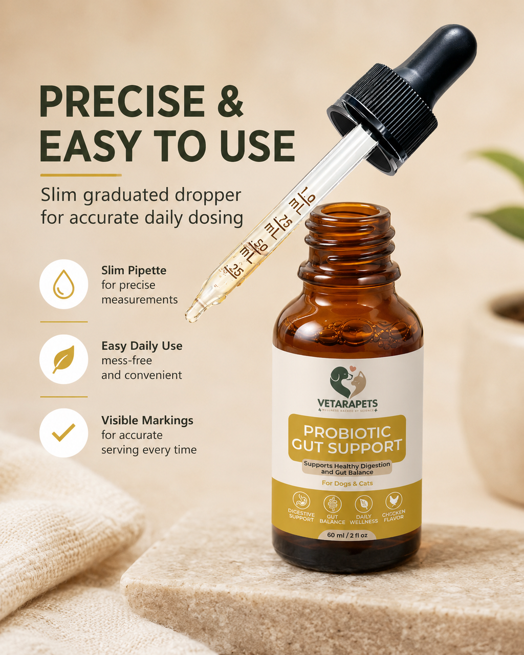 Probiotic Gut Support Drops with easy to use measured dropper for daily pet wellness