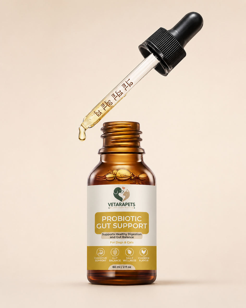 Probiotic Gut Support liquid drops with measured dropper for pets