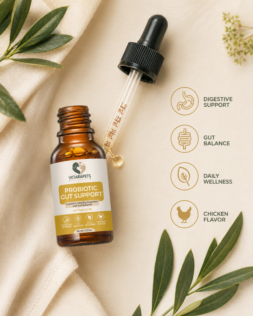 VetaraPets Probiotic Gut Support Drops flat lay with natural wellness elements