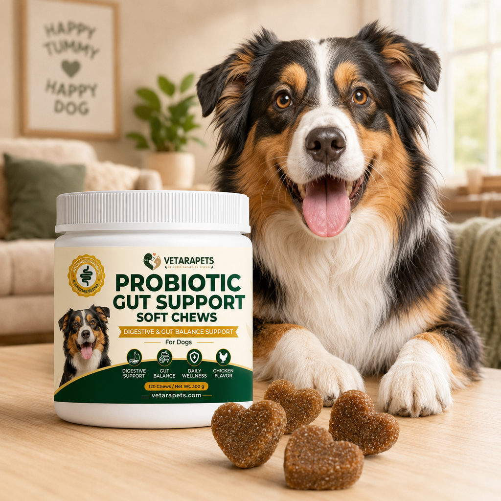 Probiotic Gut Support Soft Chews for dogs in a warm home setting