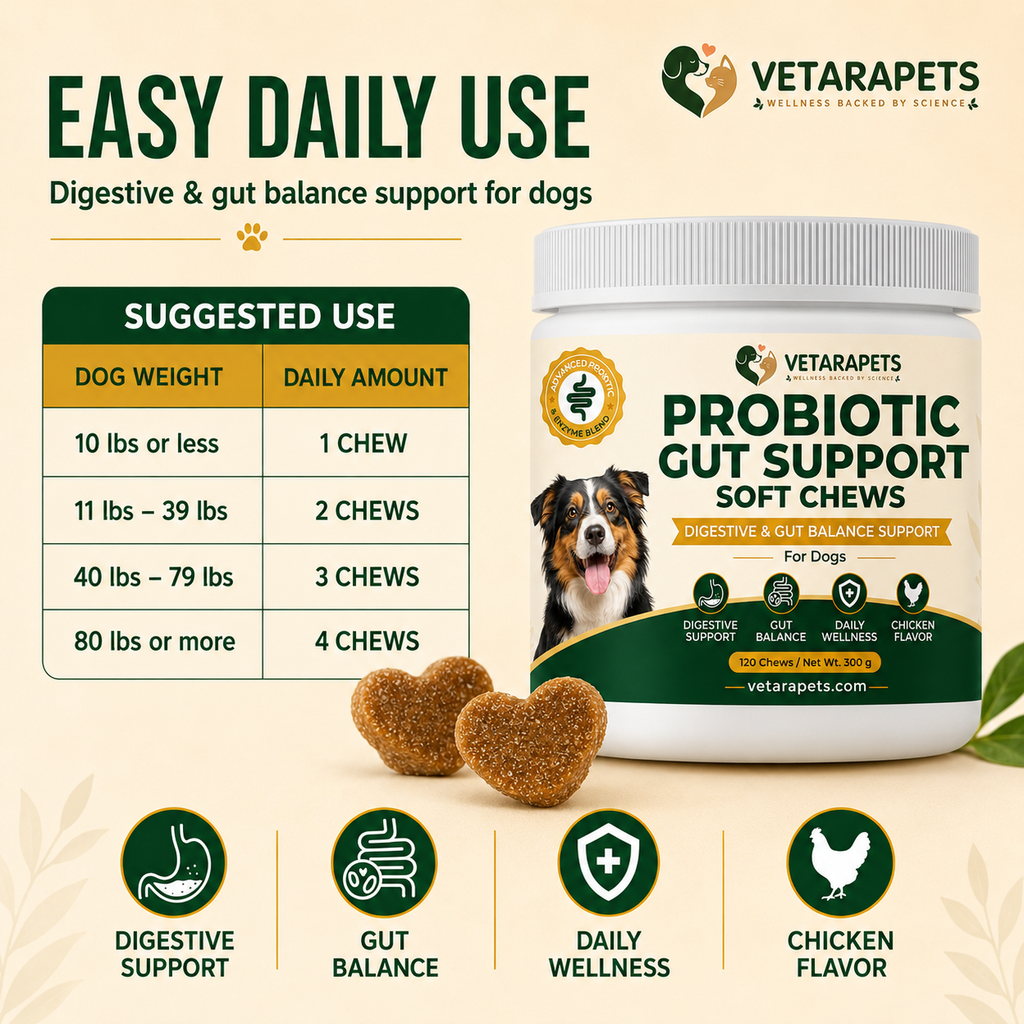 Probiotic Gut Support Soft Chews easy daily use with feeding guide