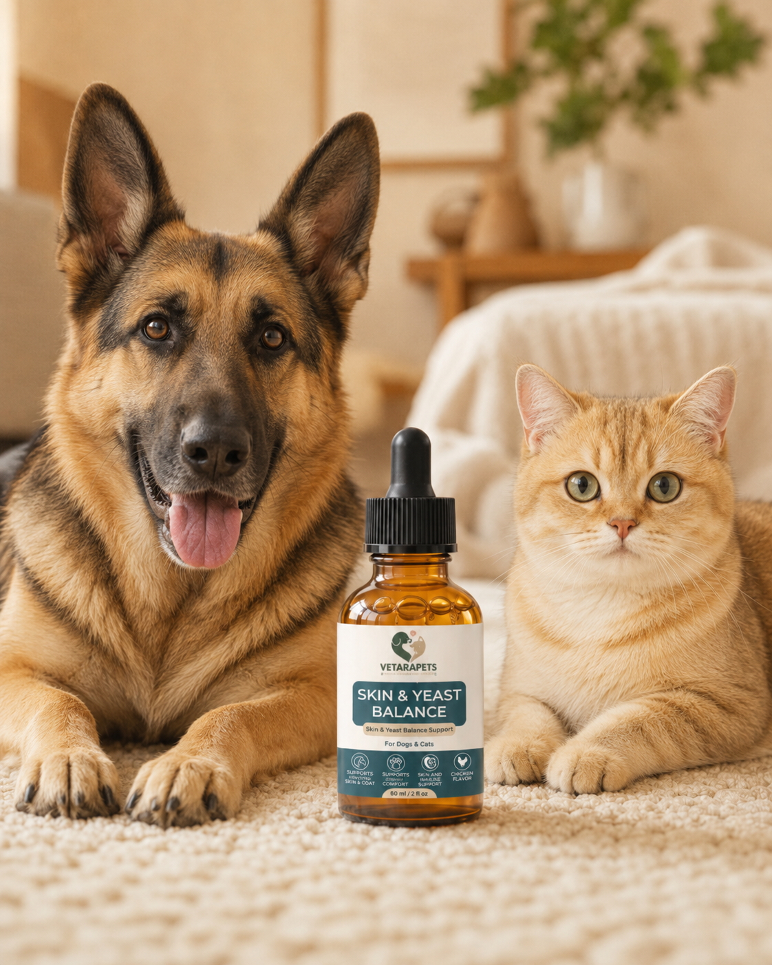 Skin and Yeast Balance Drops for dogs and cats with German Shepherd and golden British Shorthair cat