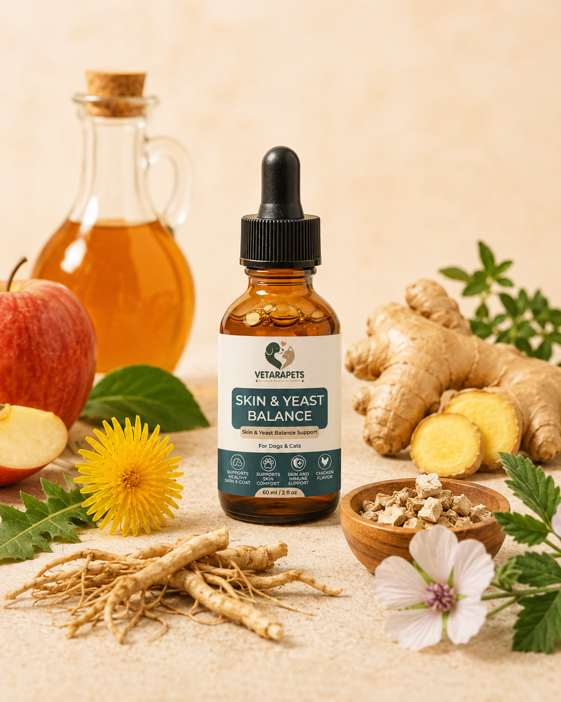VetaraPets Skin and Yeast Balance Drops with apple cider vinegar and herbal ingredients