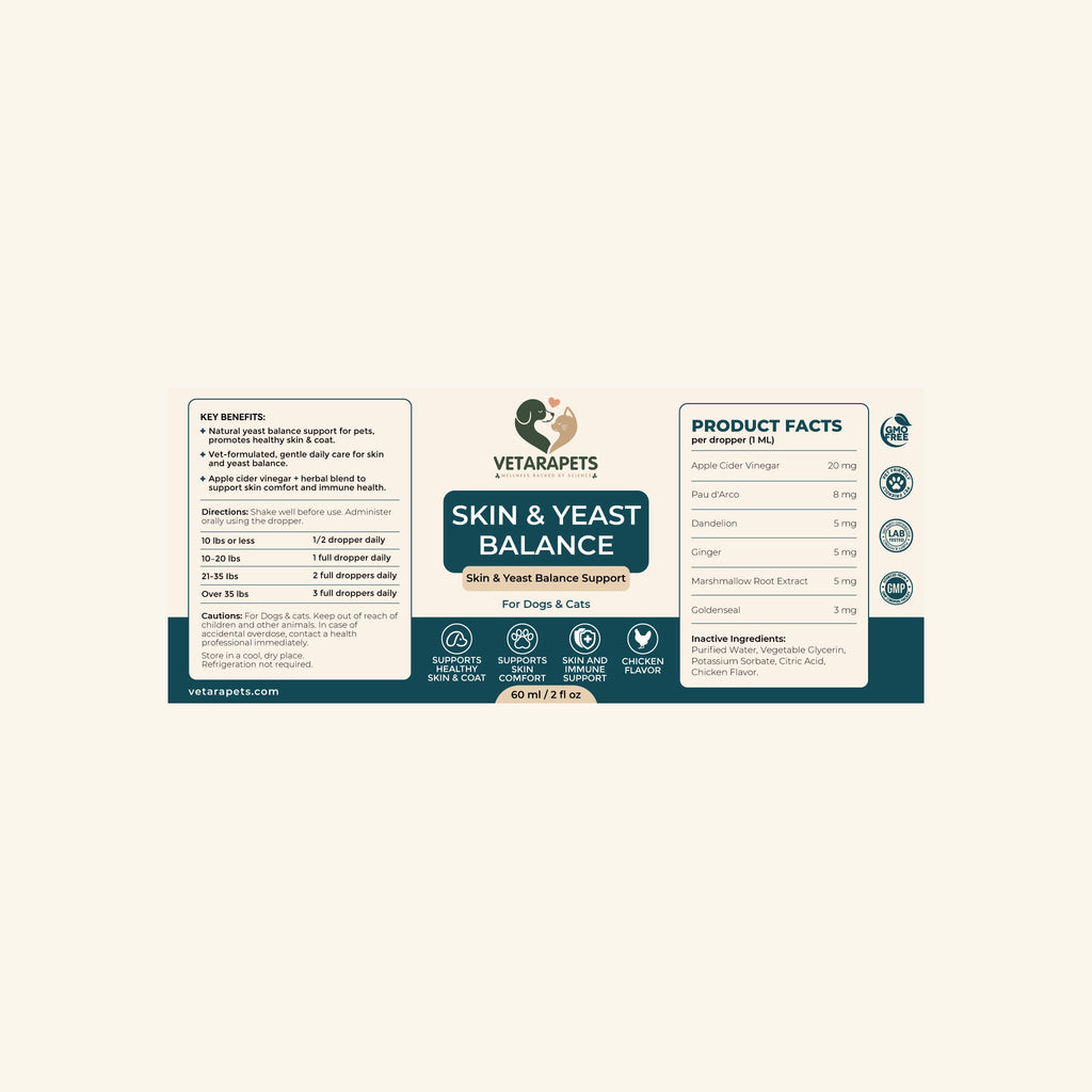 VetaraPets Skin and Yeast Balance Drops product facts benefits suggested use and ingredients