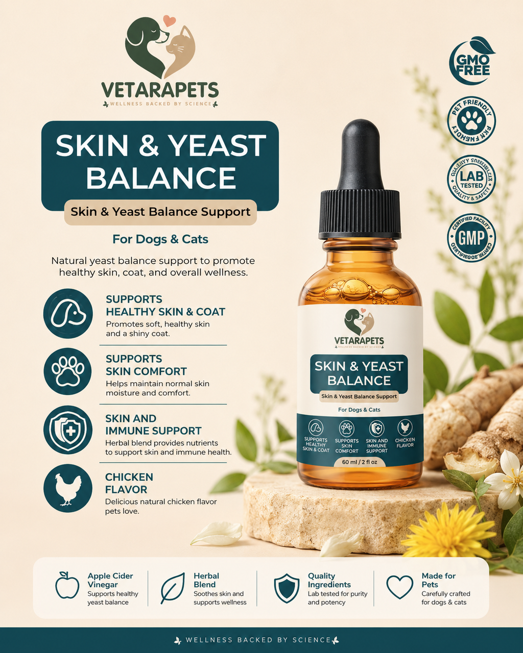 Skin and Yeast Balance Drops with skin coat and immune support benefits for dogs and cats
