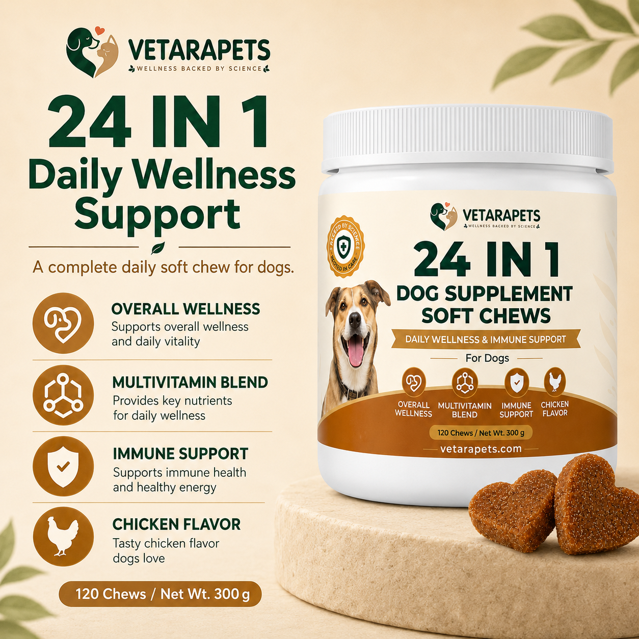 Vetara Pets 24 in 1 Dog Supplement Soft Chews daily wellness support benefits