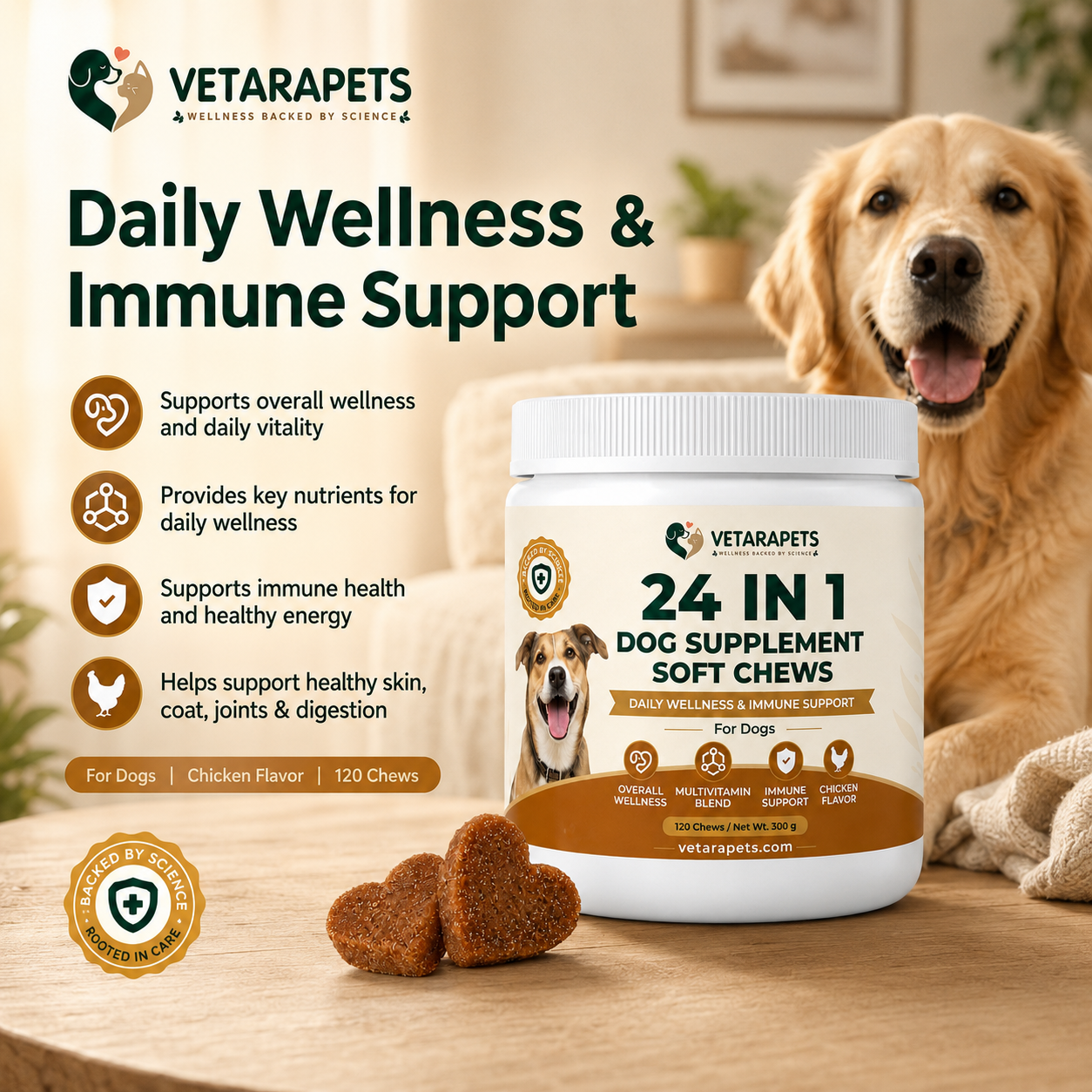 Vetara Pets 24 in 1 Dog Supplement Soft Chews for daily dog wellness