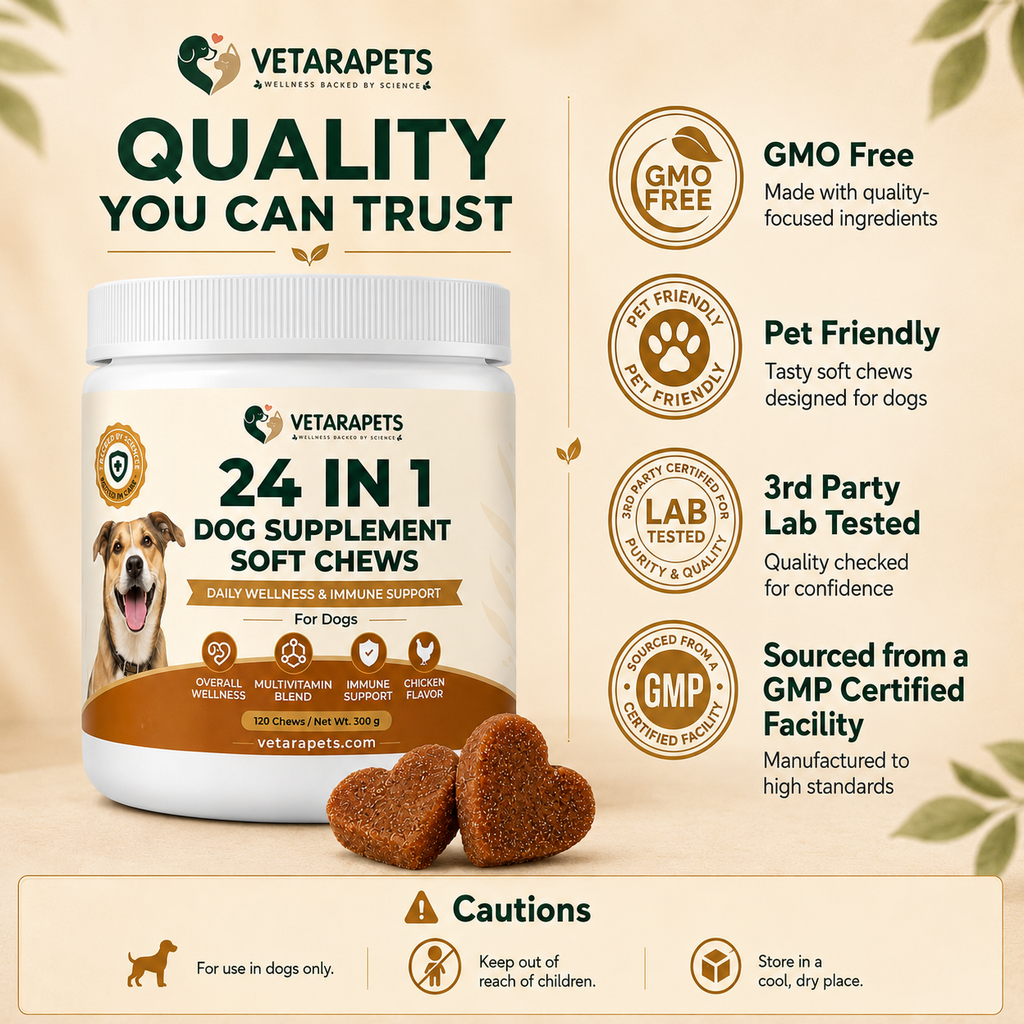 Vetara Pets 24 in 1 Dog Supplement Soft Chews quality and daily wellness support