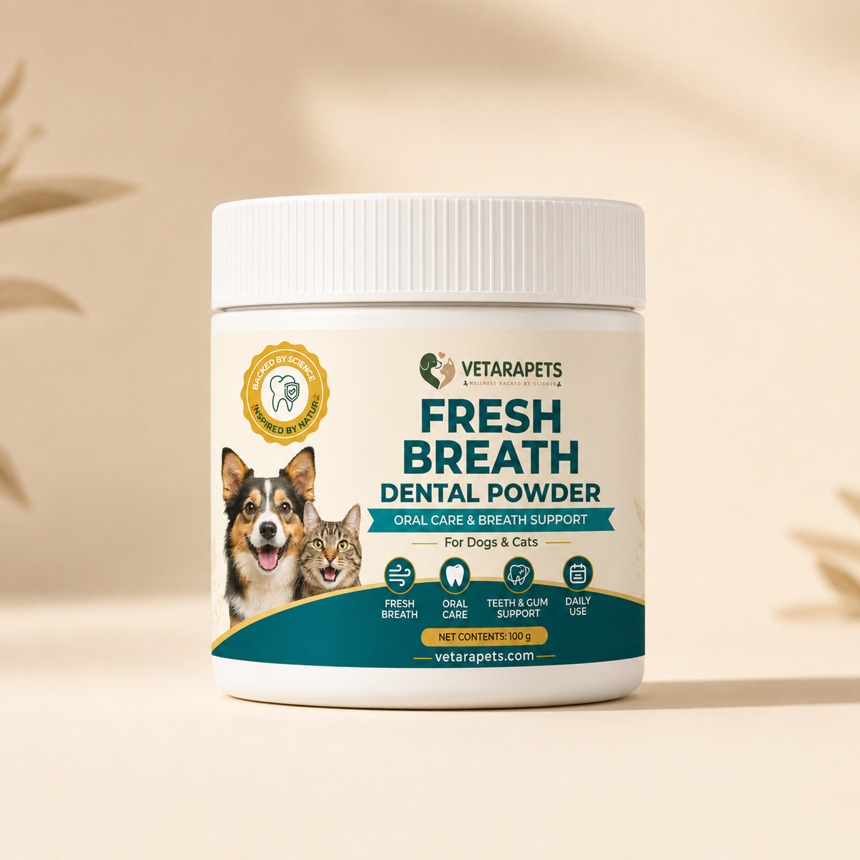 VetaraPets Fresh Breath Dental Powder for dogs and cats front jar