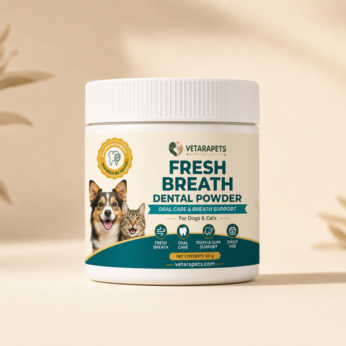 VetaraPets Fresh Breath Dental Powder for dogs and cats front jar