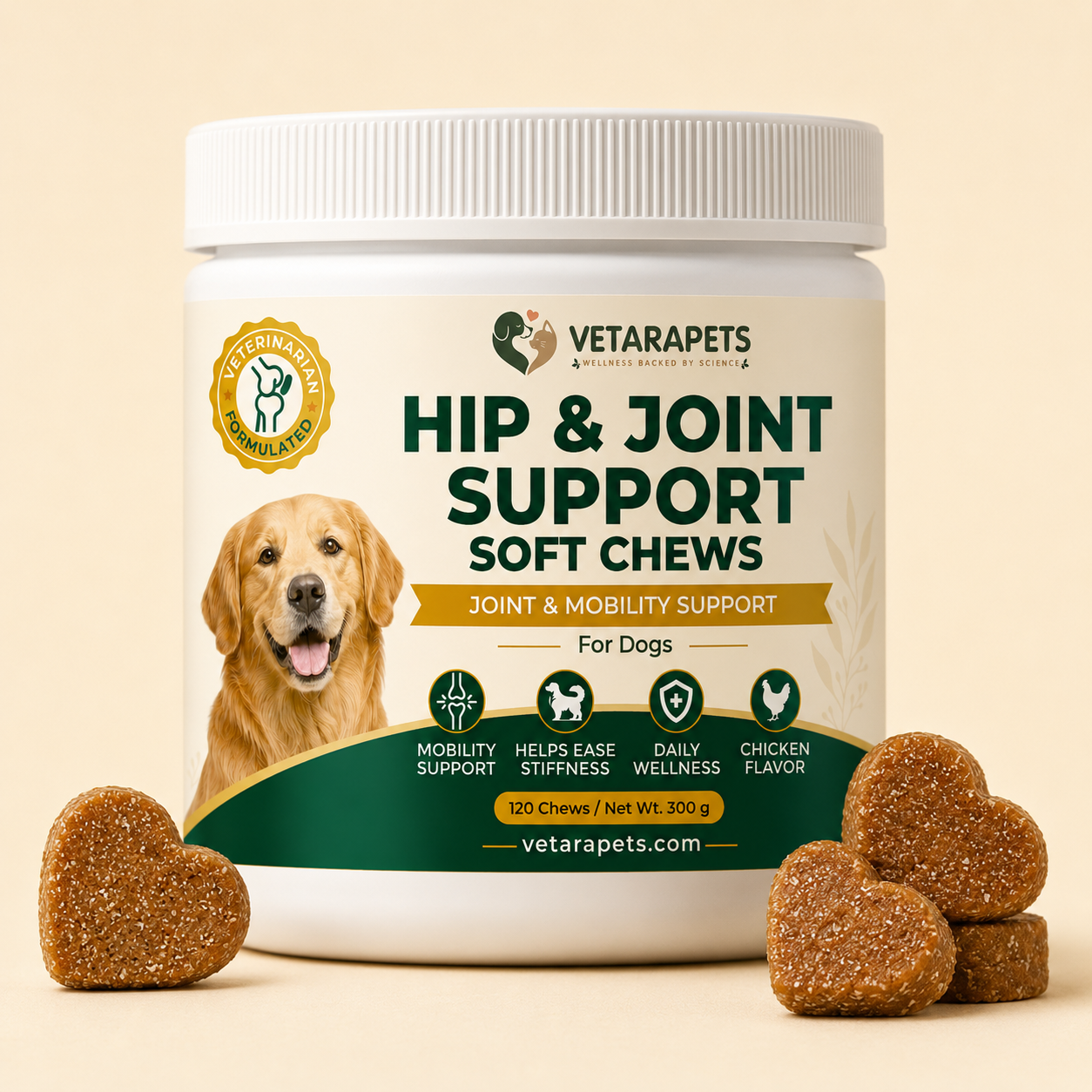 VetaraPets Hip and Joint Support Soft Chews for dogs front jar with heart-shaped chews