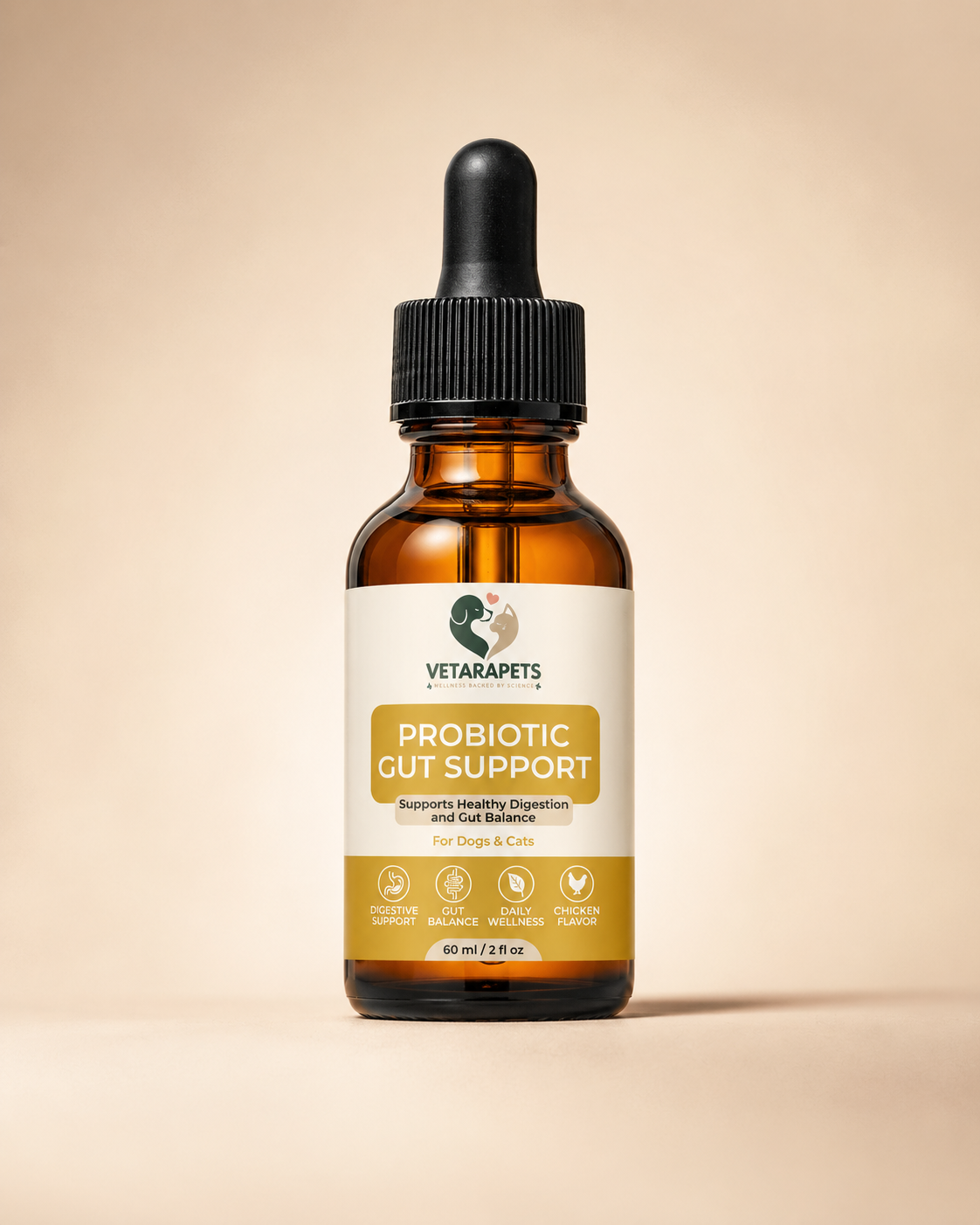 VetaraPets Probiotic Gut Support Drops for dogs and cats front bottle