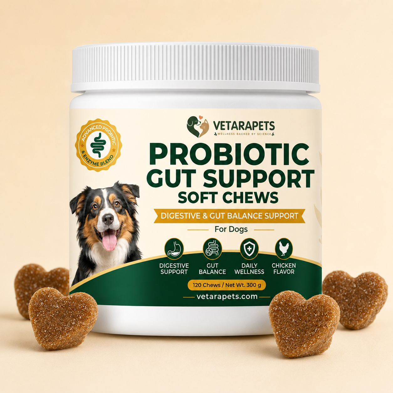 VetaraPets Probiotic Gut Support Soft Chews for dogs front jar