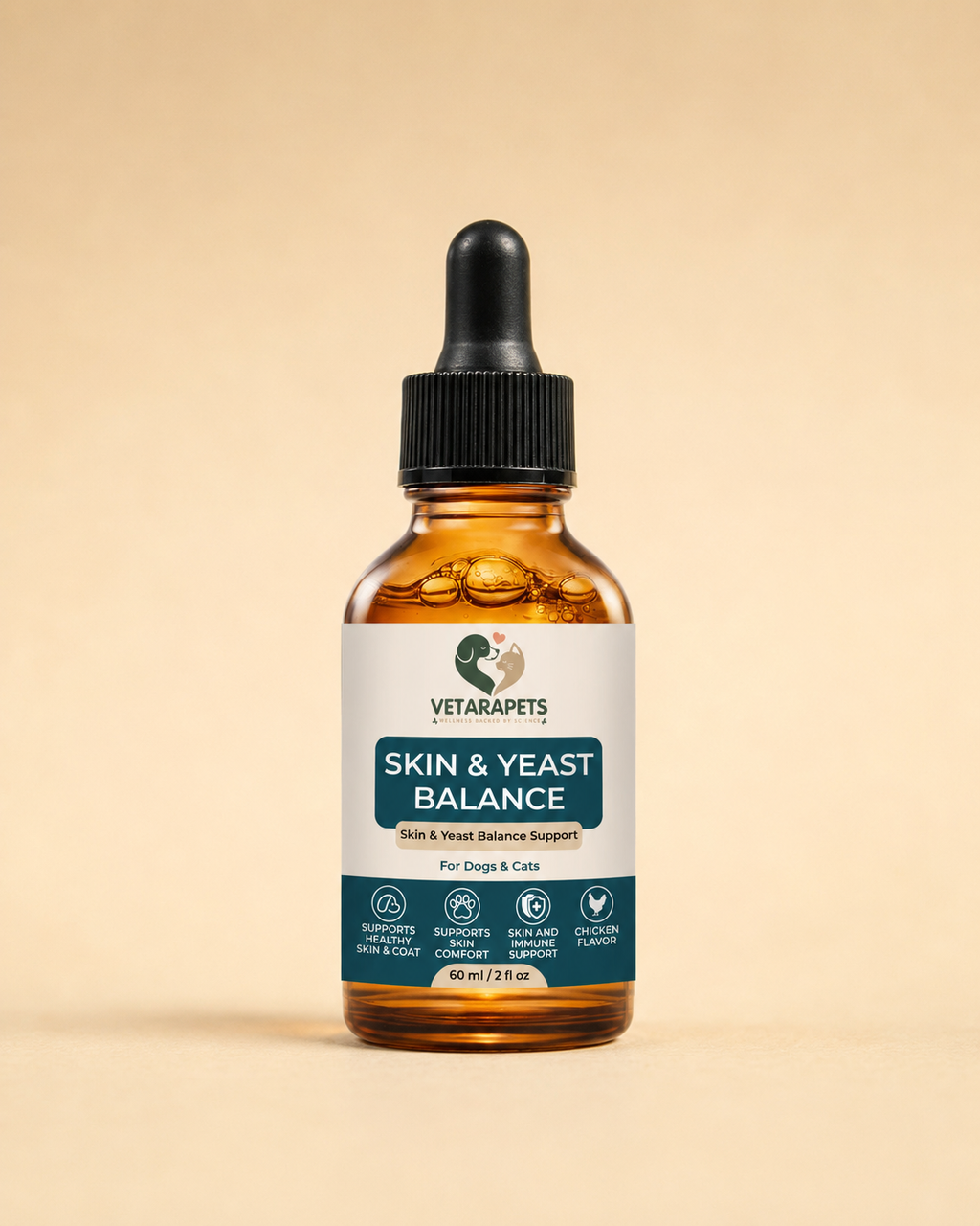 VetaraPets Skin and Yeast Balance Drops for dogs and cats front bottle